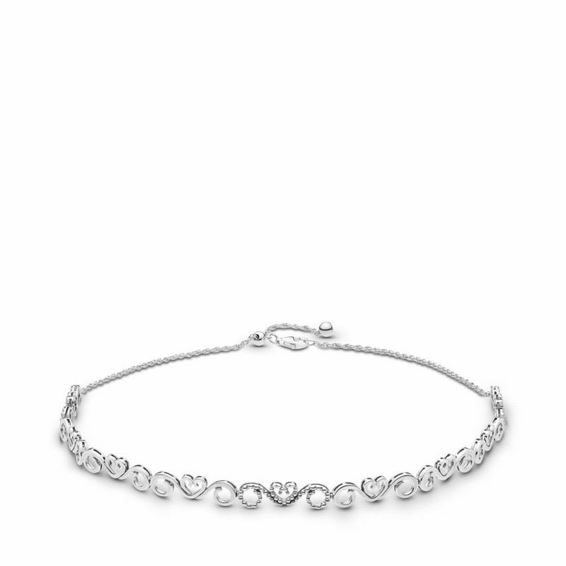 Pandora Heart Swirls Choker Necklace - Sterling Silver/Silicone/Cubic Zirconia - Canada | EU9553YV